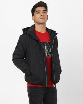 logo print zip-front quilted hooded jacket with slip pockets