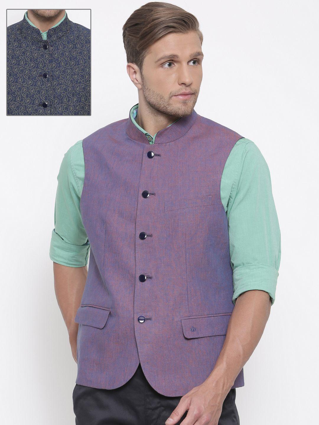 lombard men navy & pink reversible linen nehru jacket