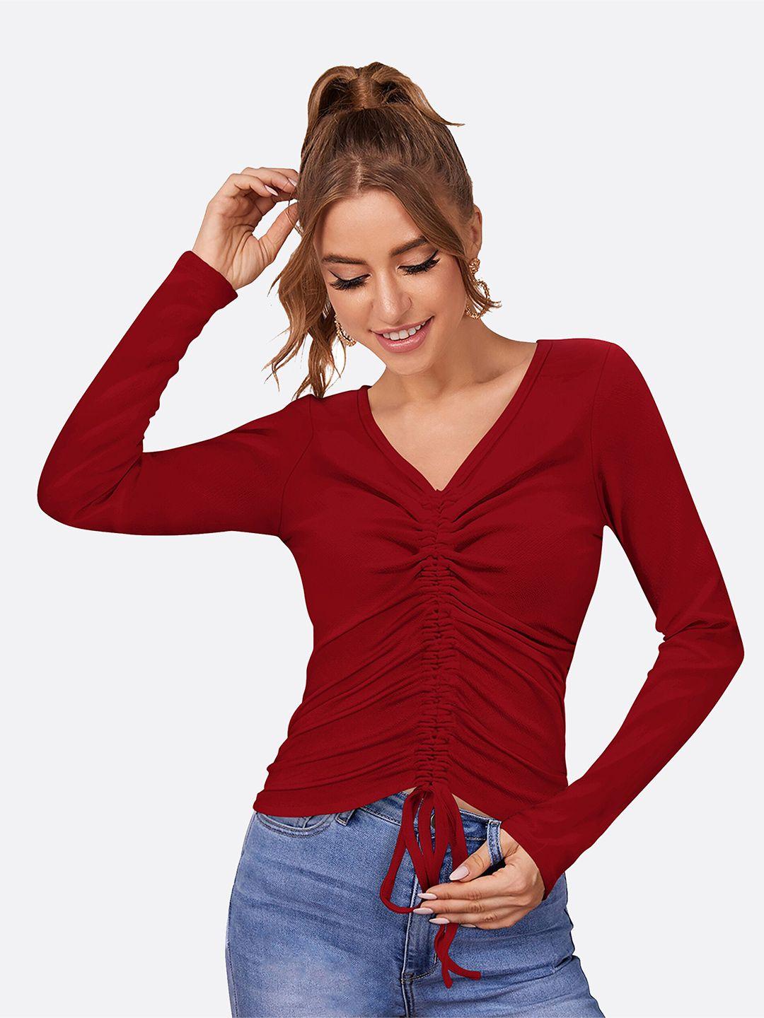 london belly women maroon solid v-neck long sleeves polyester top