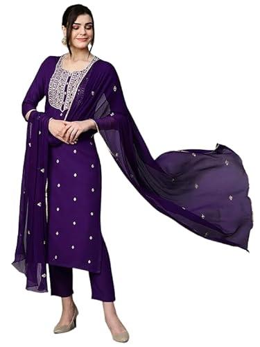 london belly embroidered women's salwar suit with dupatta set, purple (medium)