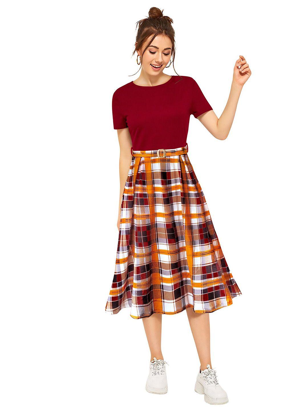 london belly maroon checked  fit & flare midi dress