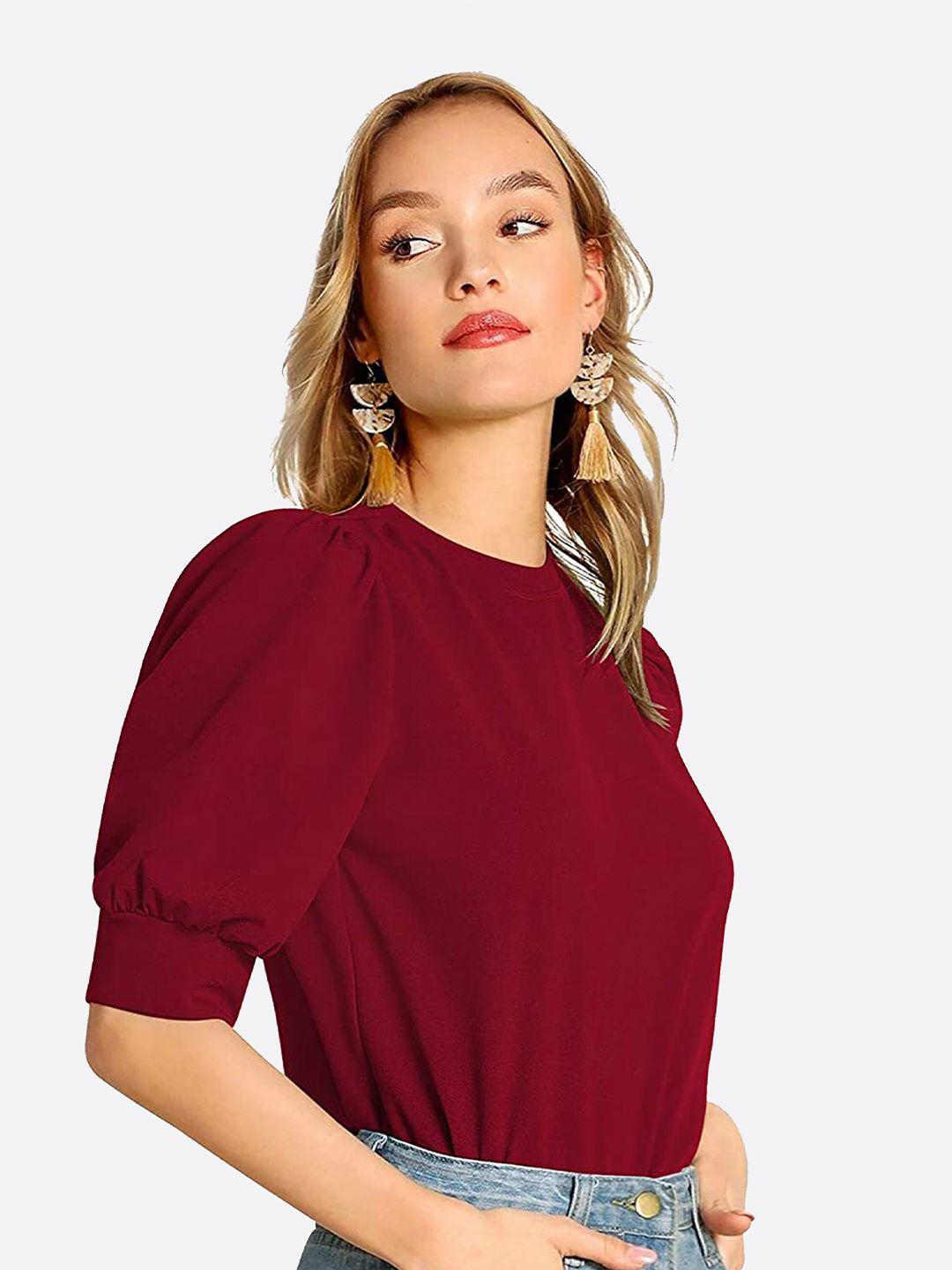 london belly women maroon solid puff sleeves casual top