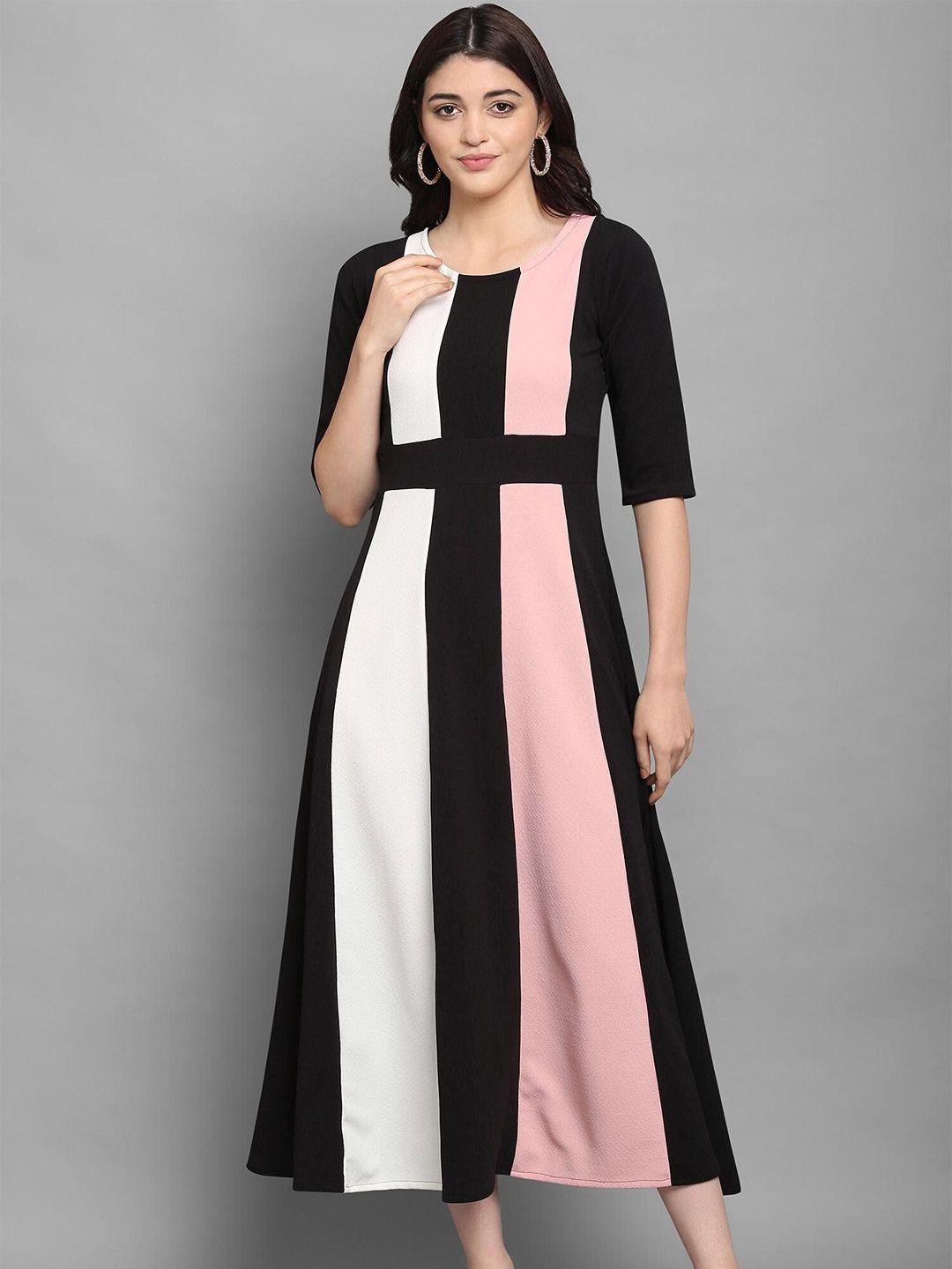 london belly women peach-coloured & black colourblocked a-line midi dress