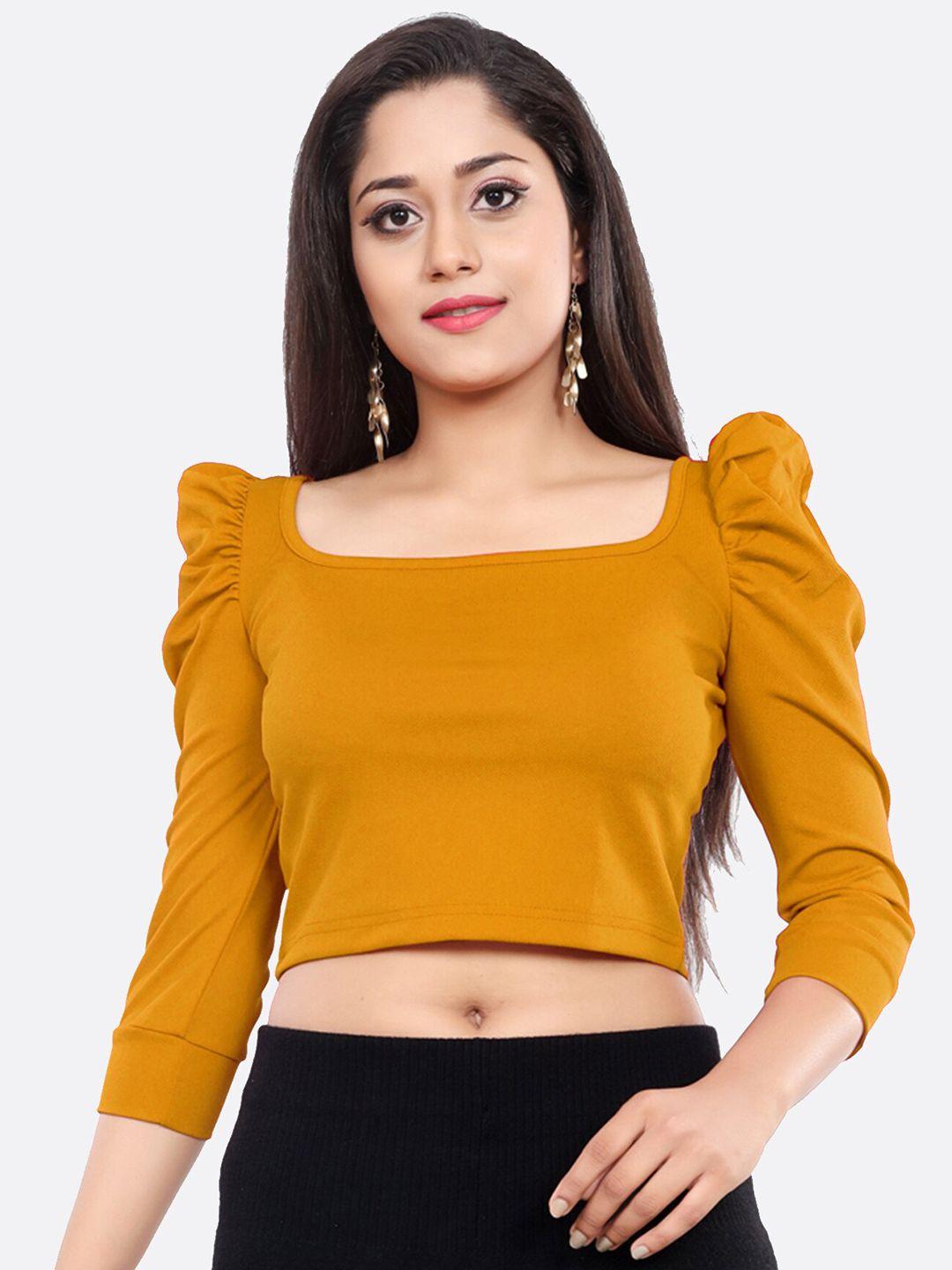 london belly yellow solid puff sleeve crop top