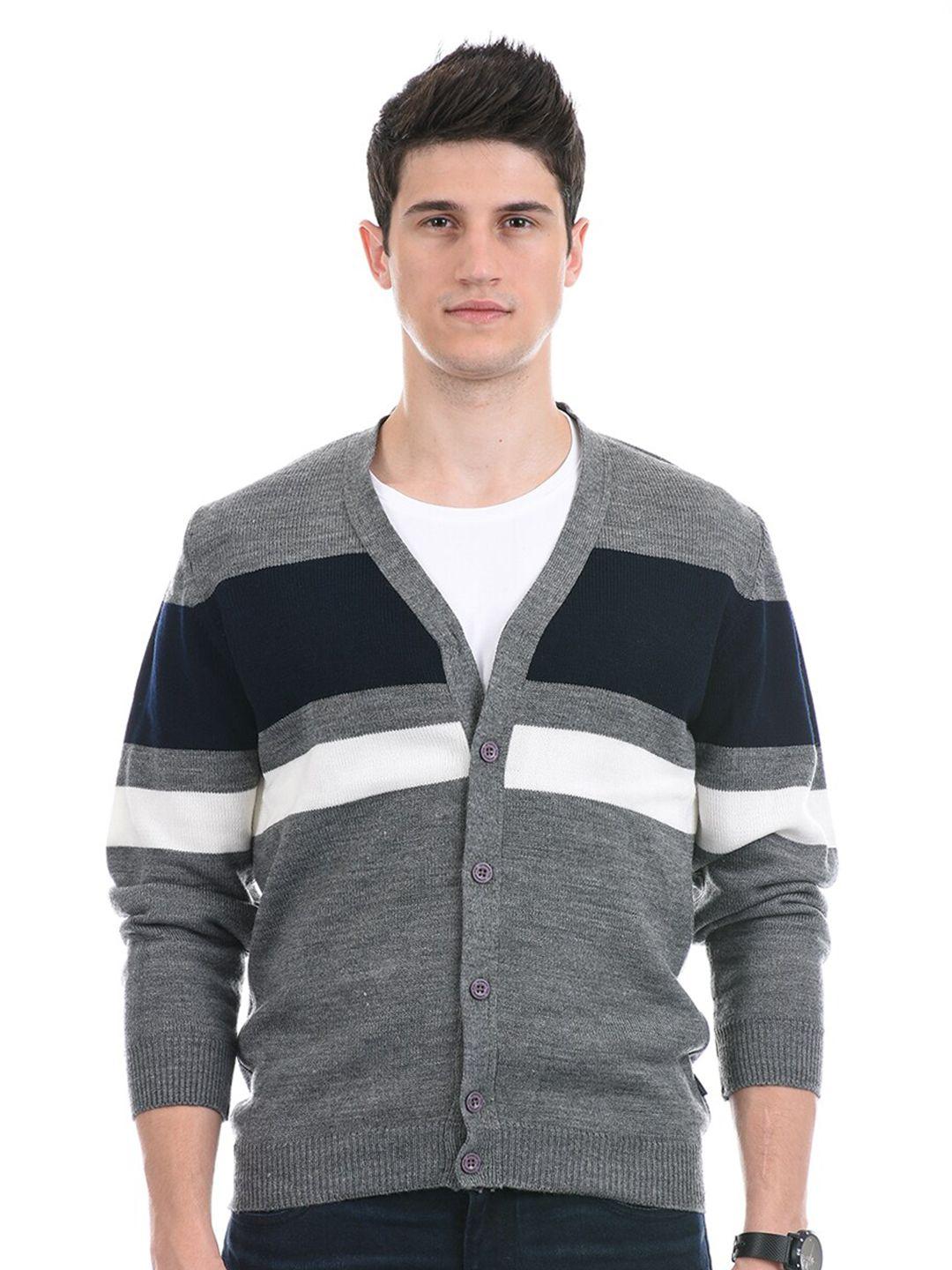 london fog men grey & white striped cardigan