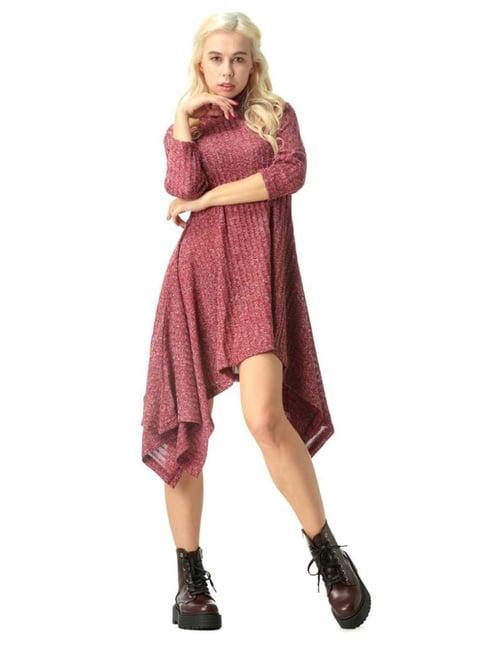 london rag maroon self pattern assymetric dress