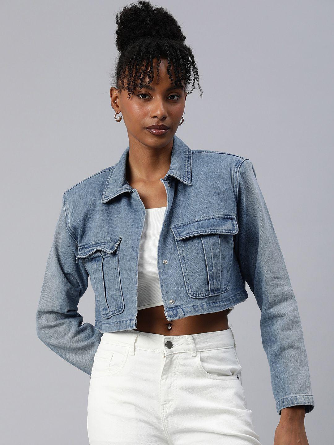 london rag shoulder padded crop denim jacket