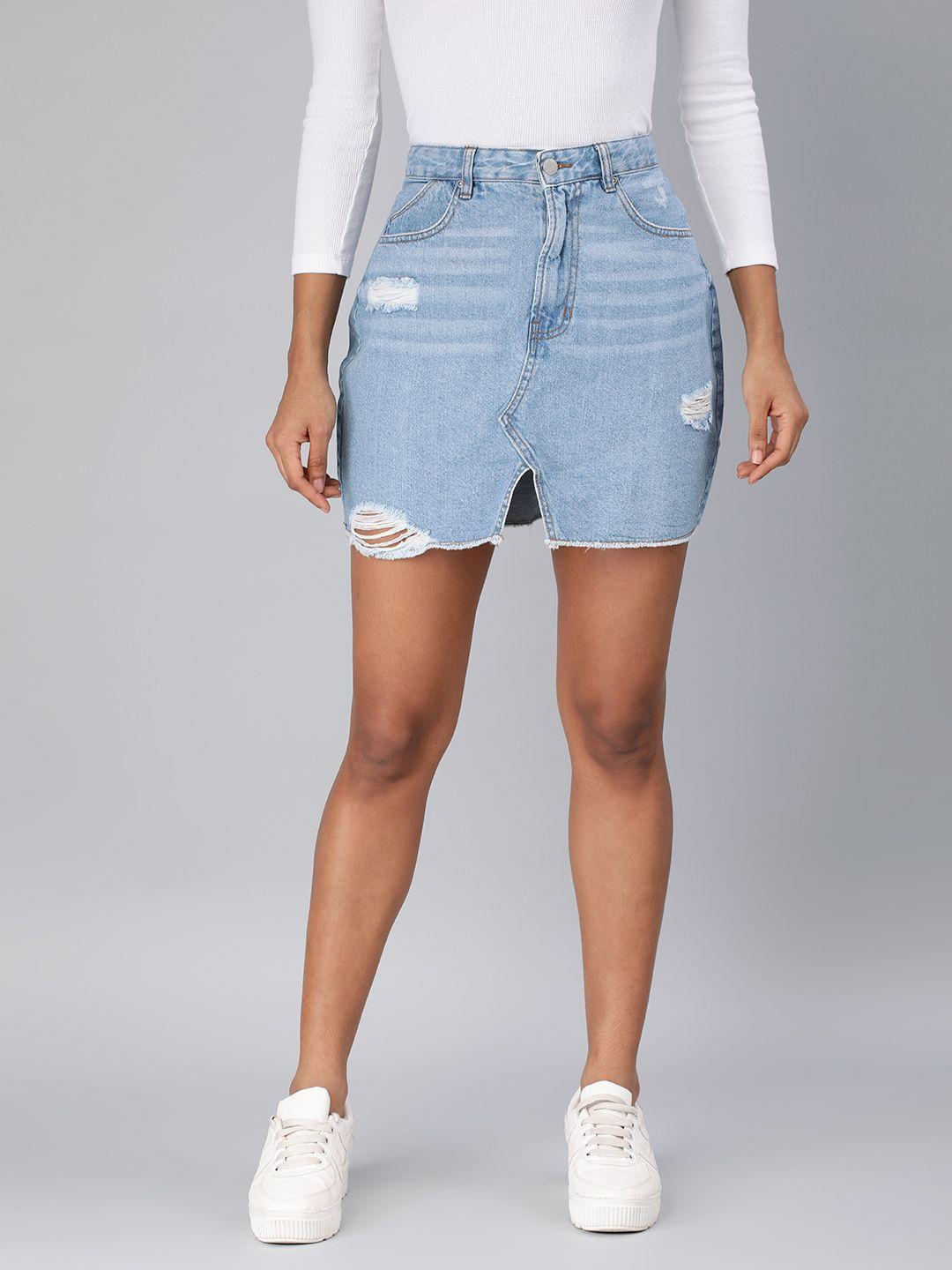 london rag washed pure cotton distressed straight denim mini skirt