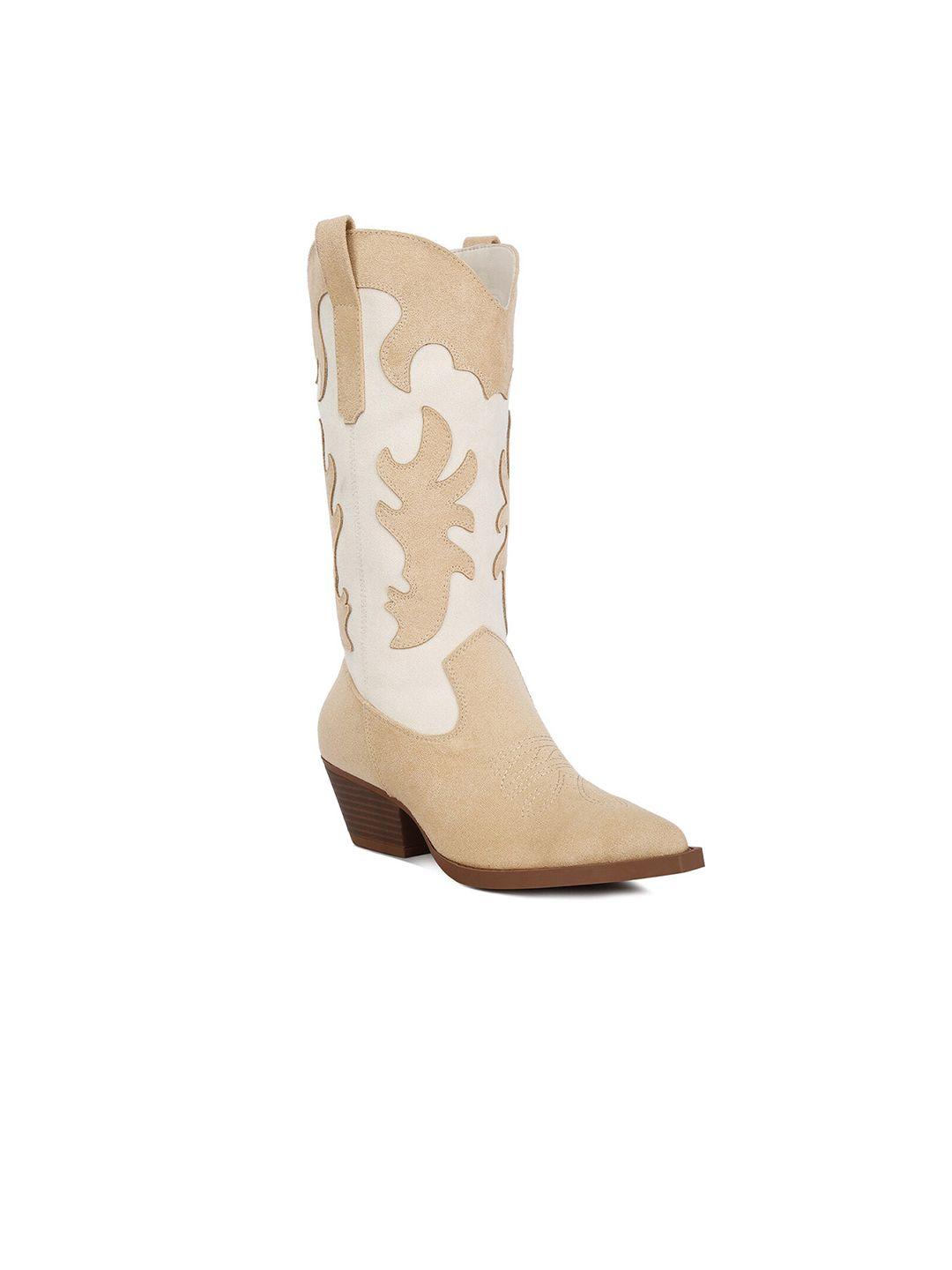 london rag women adanna micro suede patchwork detail block heeled high-top cowboy boots