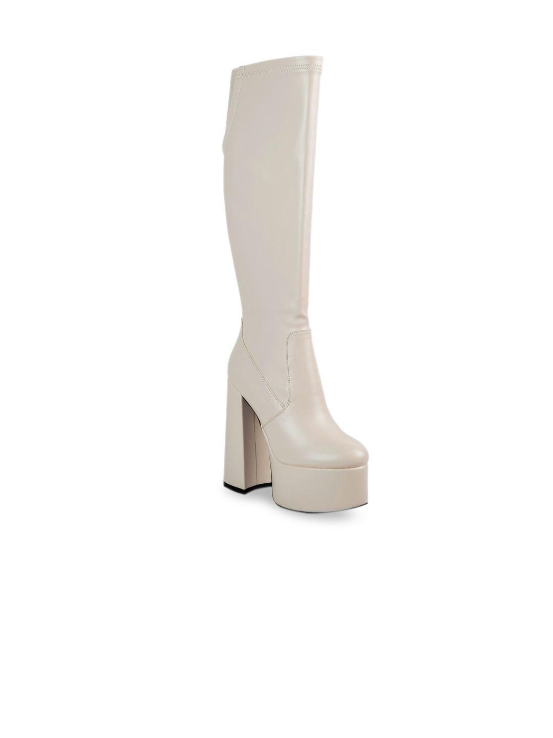london rag women beige solid synthetic leather high block heeled calf boots