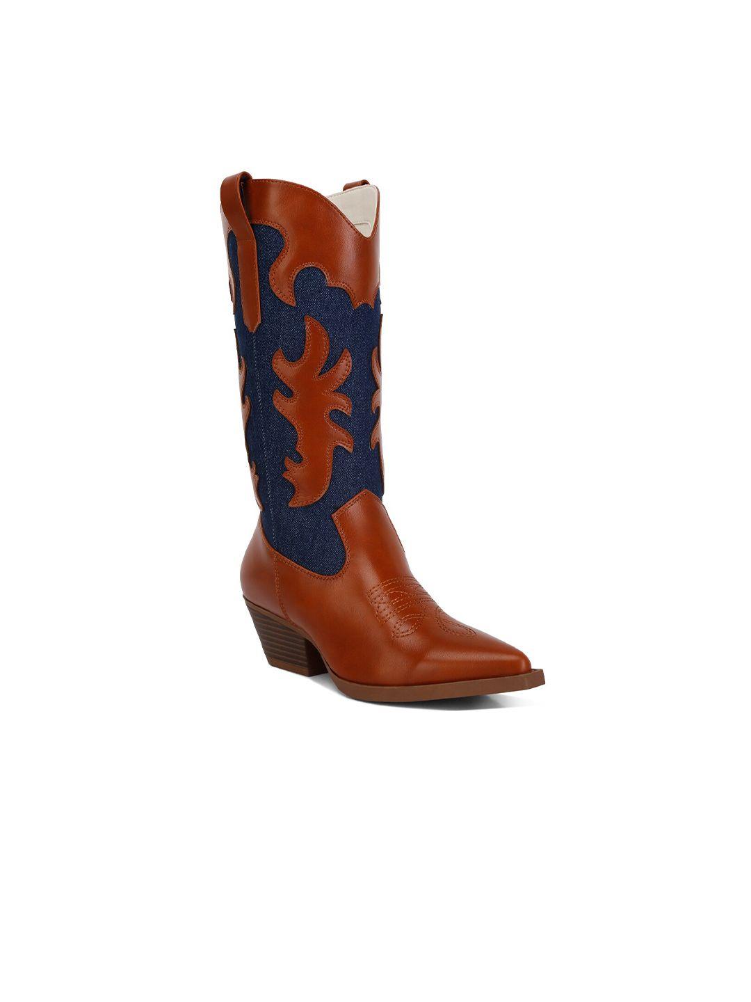 london rag women patchwork detail block heeled high-top cowboy boots