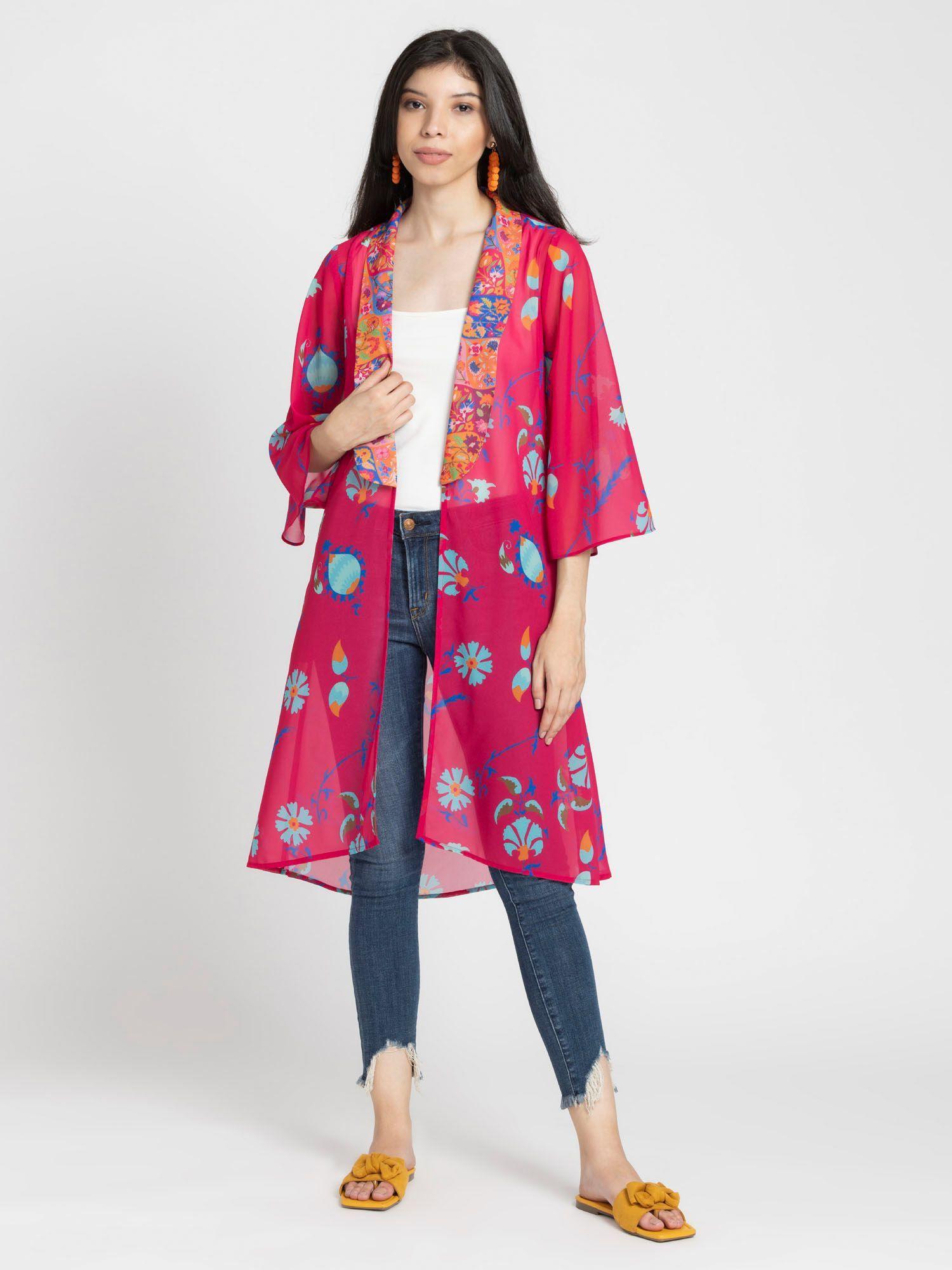 long collar pink printed three-fourth sleeves casual shrug for women