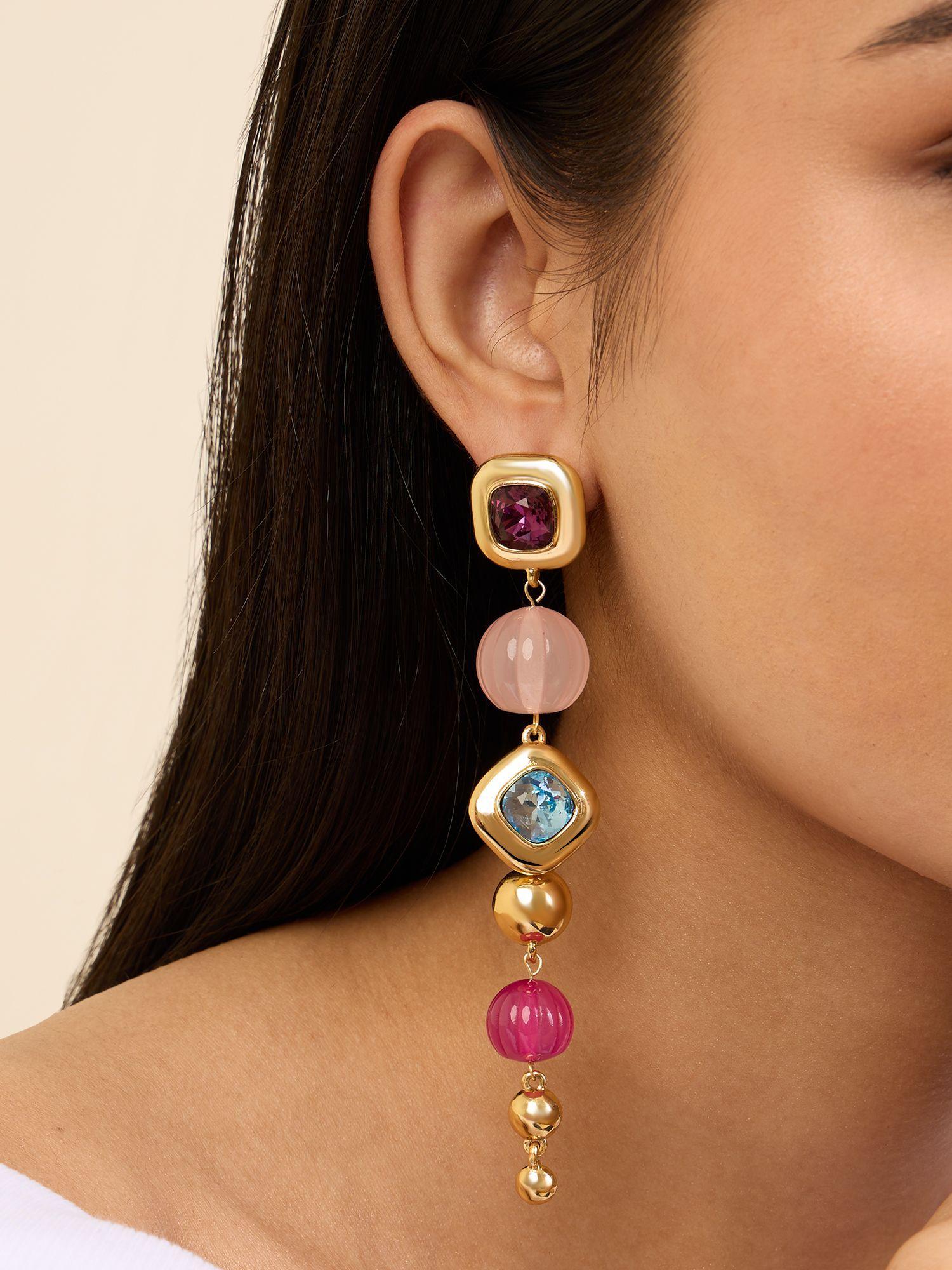 long pink & aqua danglers in 18kt gold plated earrings