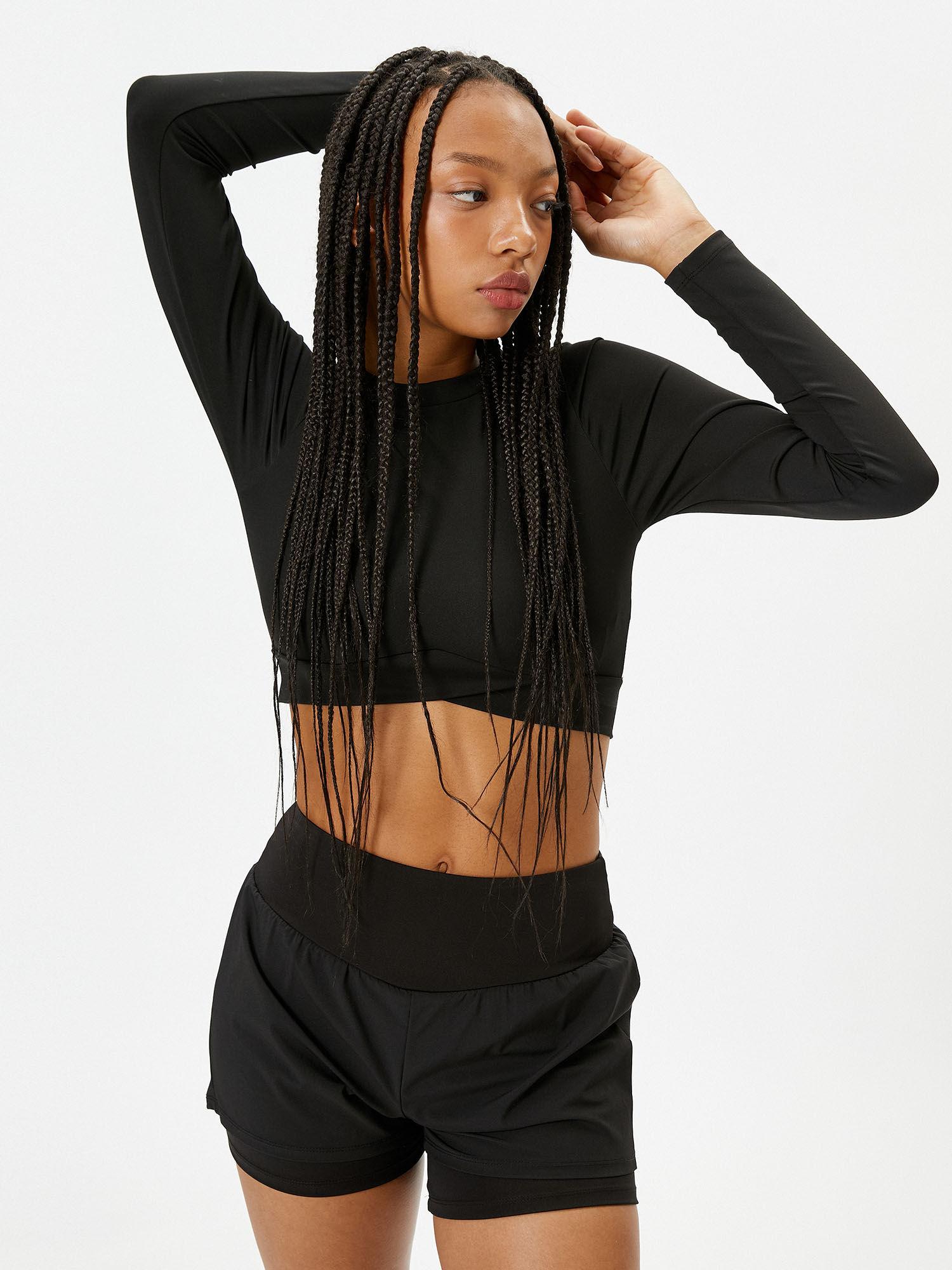 long sleeve crop top slim fit asymmetrical cut crew neck