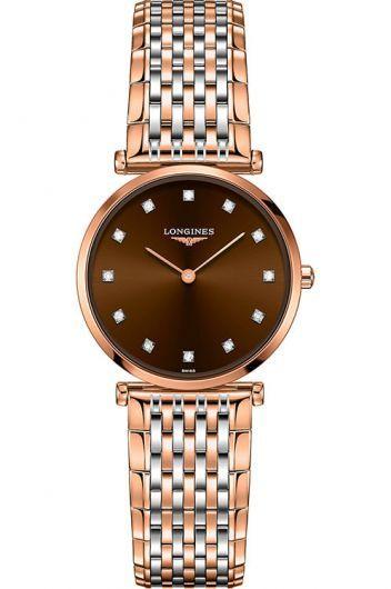 longines elegance brown dial quartz watch with steel & rose gold pvd bracelet for women - l4.512.1.67.7