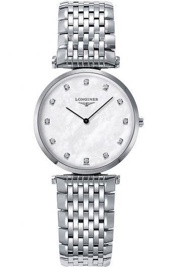 longines elegance mop dial quartz watch with steel bracelet for women - l4.512.4.87.6