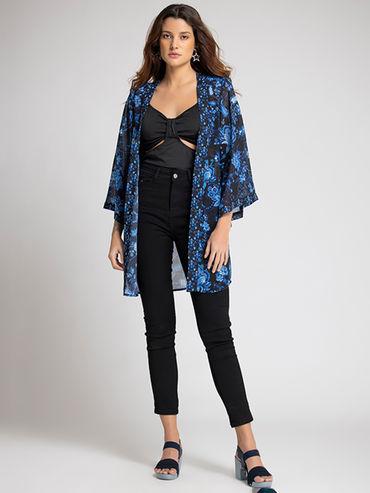 longline blue floral printed long sleeves casual shrug for women