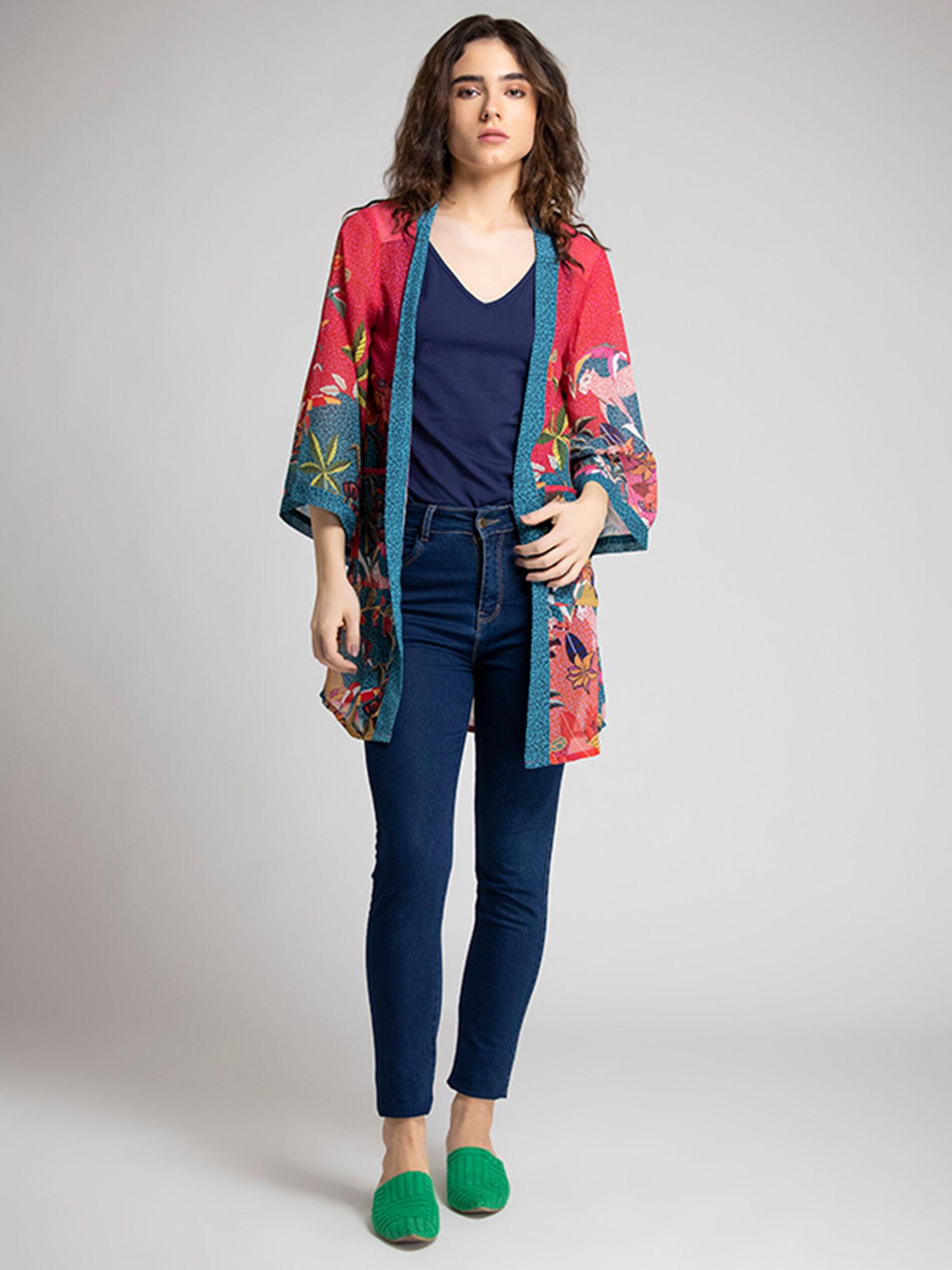 longline multicolour floral printed long sleeves casual shrug for women