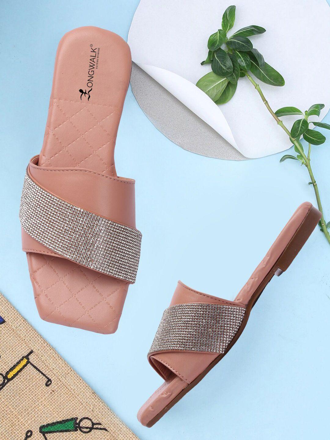 longwalk women peach-coloured open toe embellished flats