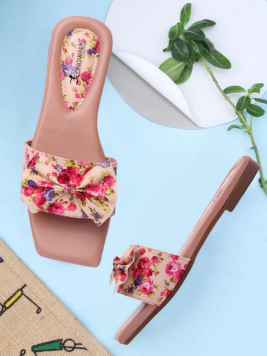 longwalk women peach-coloured printed open toe flats with bows