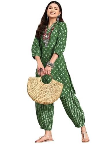 lookmark women's trendy printed cotton blend straight kurta and afghani pant set perfect for casual and office wear (az-lm-og-ks2070 green-xxl)