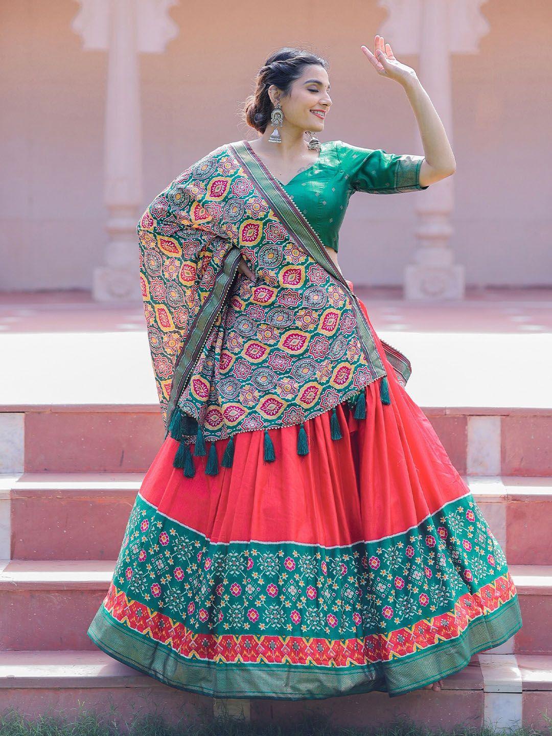 looknbook art red & green printed foil print semi-stitched lehenga & unstitched blouse with dupatta