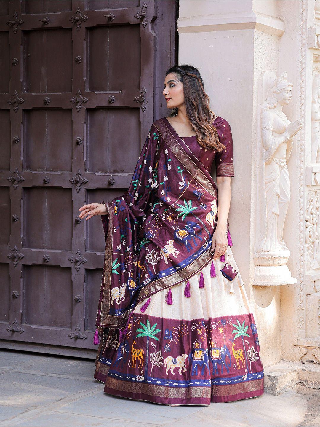 looknbook art foil print semi-stitched lehenga & unstitched blouse with dupatta