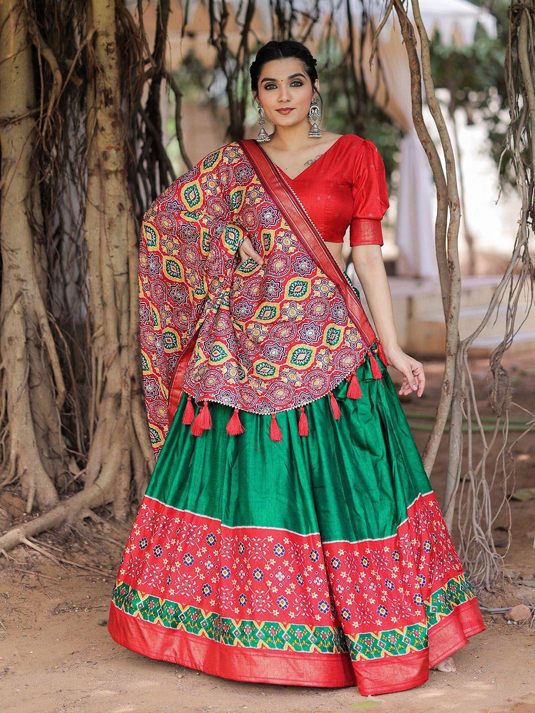 looknbook art green & red printed foil print semi-stitched lehenga & unstitched blouse with dupatta