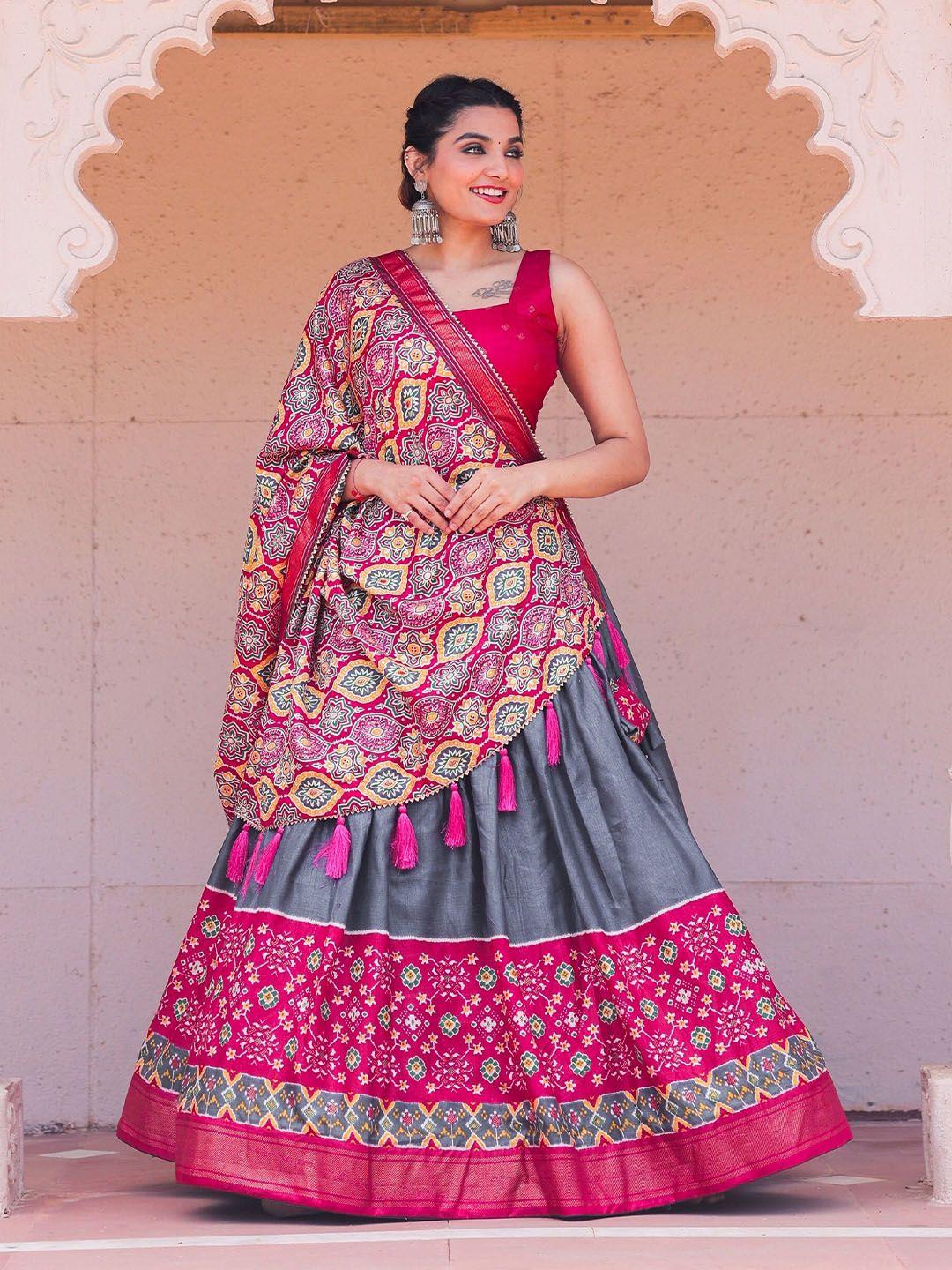 looknbook art grey & pink printed foil print semi-stitched lehenga & unstitched blouse with dupatta