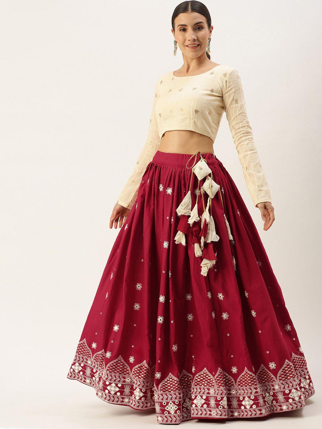 looknbook art maroon & beige thread work semi-stitched lehenga set