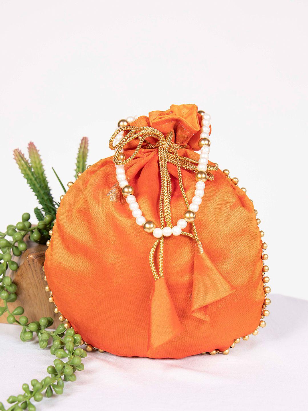 looknbook art orange & gold-toned embellished tasselled potli clutch