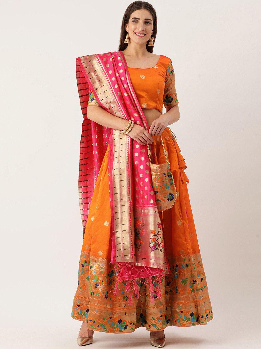 looknbook art orange semi-stitched lehenga & unstitched blouse with dupatta