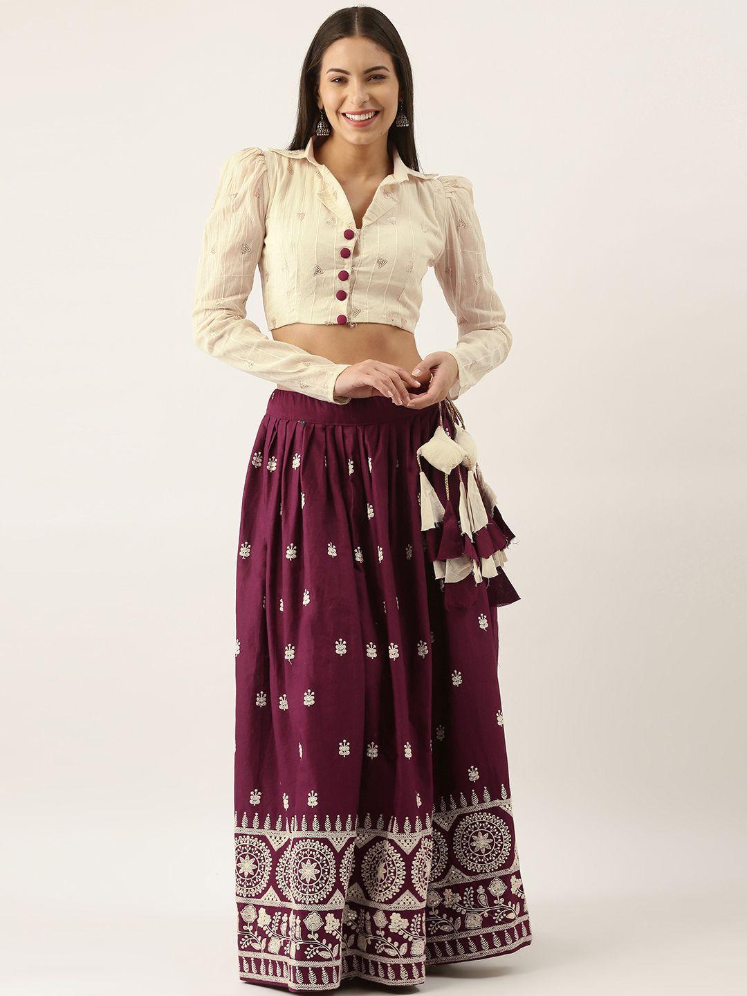 looknbook art purple & cream-coloured thread work semi-stitched lehenga & unstitched