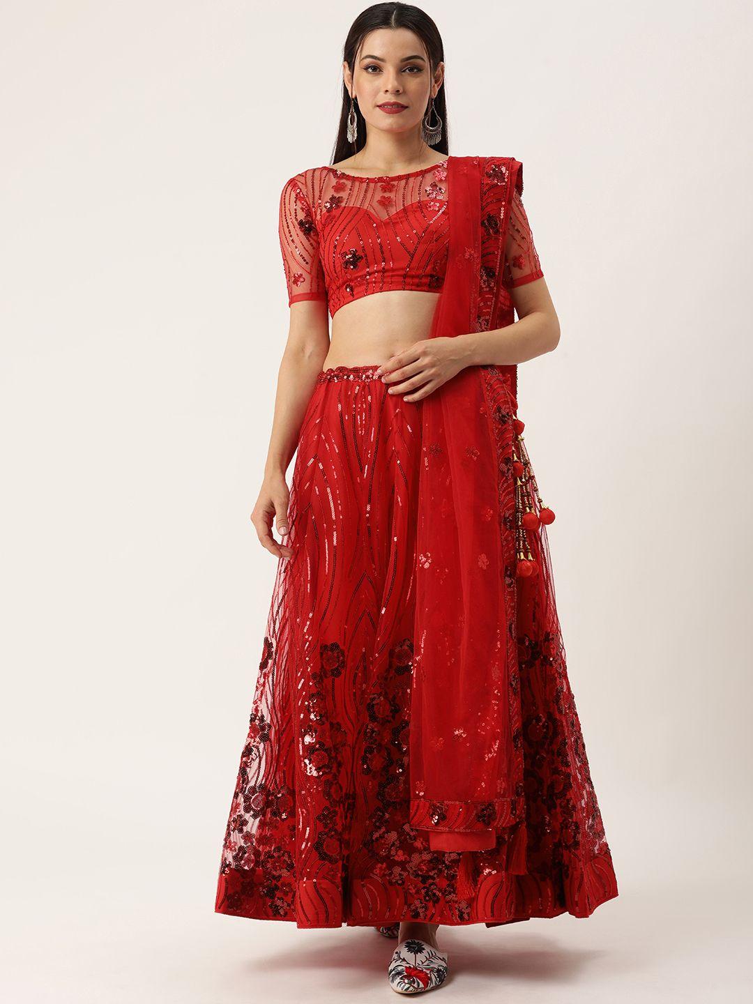 looknbook art red embellished sequinned semi-stitched lehenga & unstitched blouse with dupatta