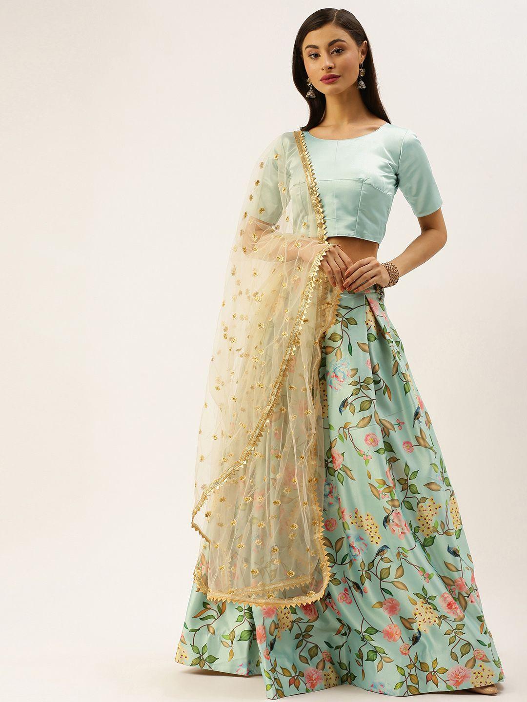 looknbook art sea green printed semi-stitched lehenga & unstitched blouse with dupatta