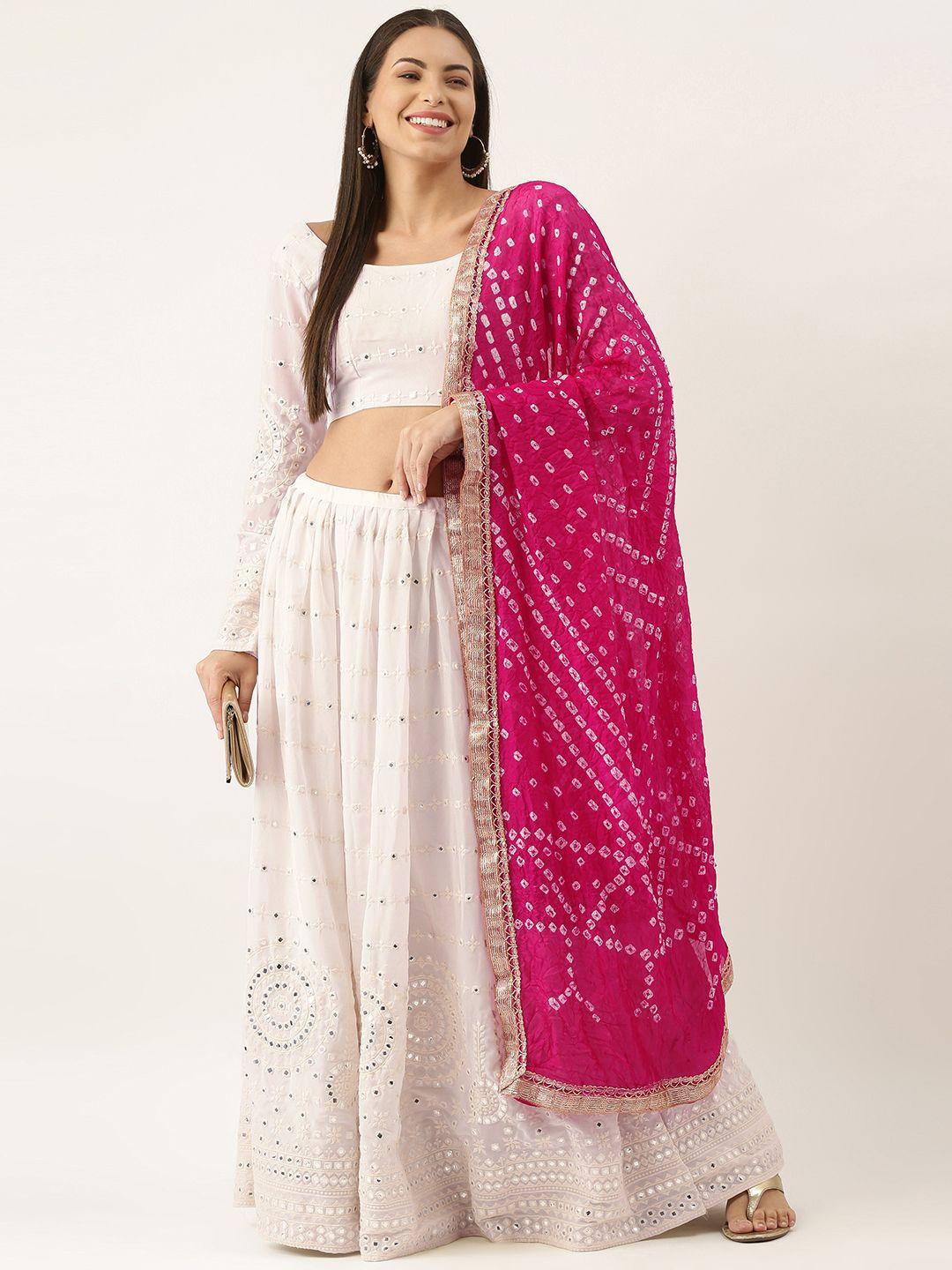 looknbook art white & pink embellished mirror work shibori made to measure lehenga & unstitched blouse with