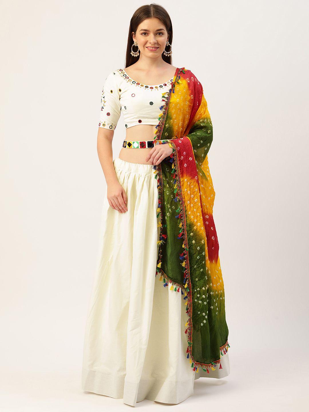 looknbook art white embellished mirror work semi-stitched lehenga & unstitched blouse with dupatta