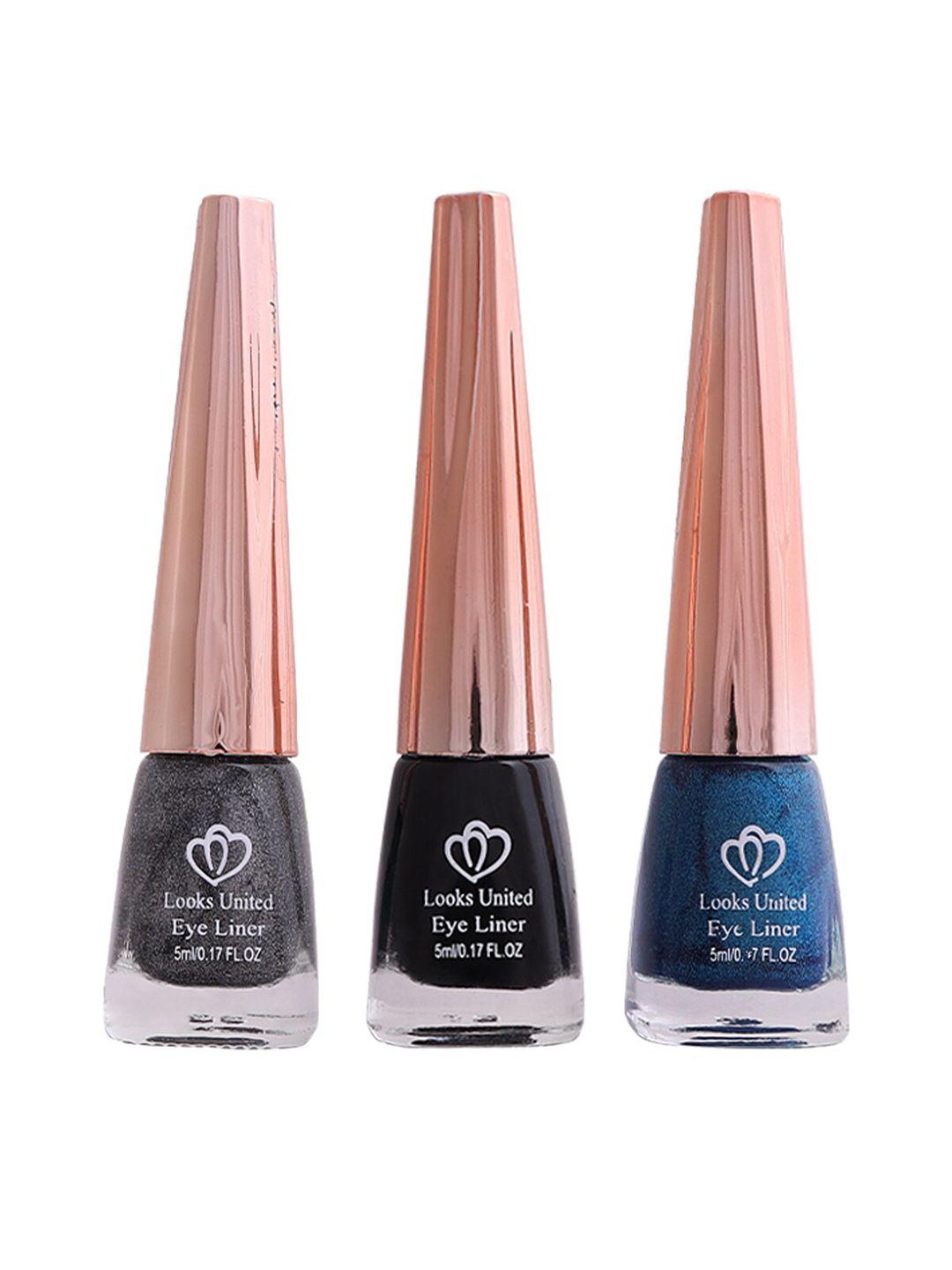 looks united set of 3 eyeliners 5 ml each - charcoal + coal black + blue orchid