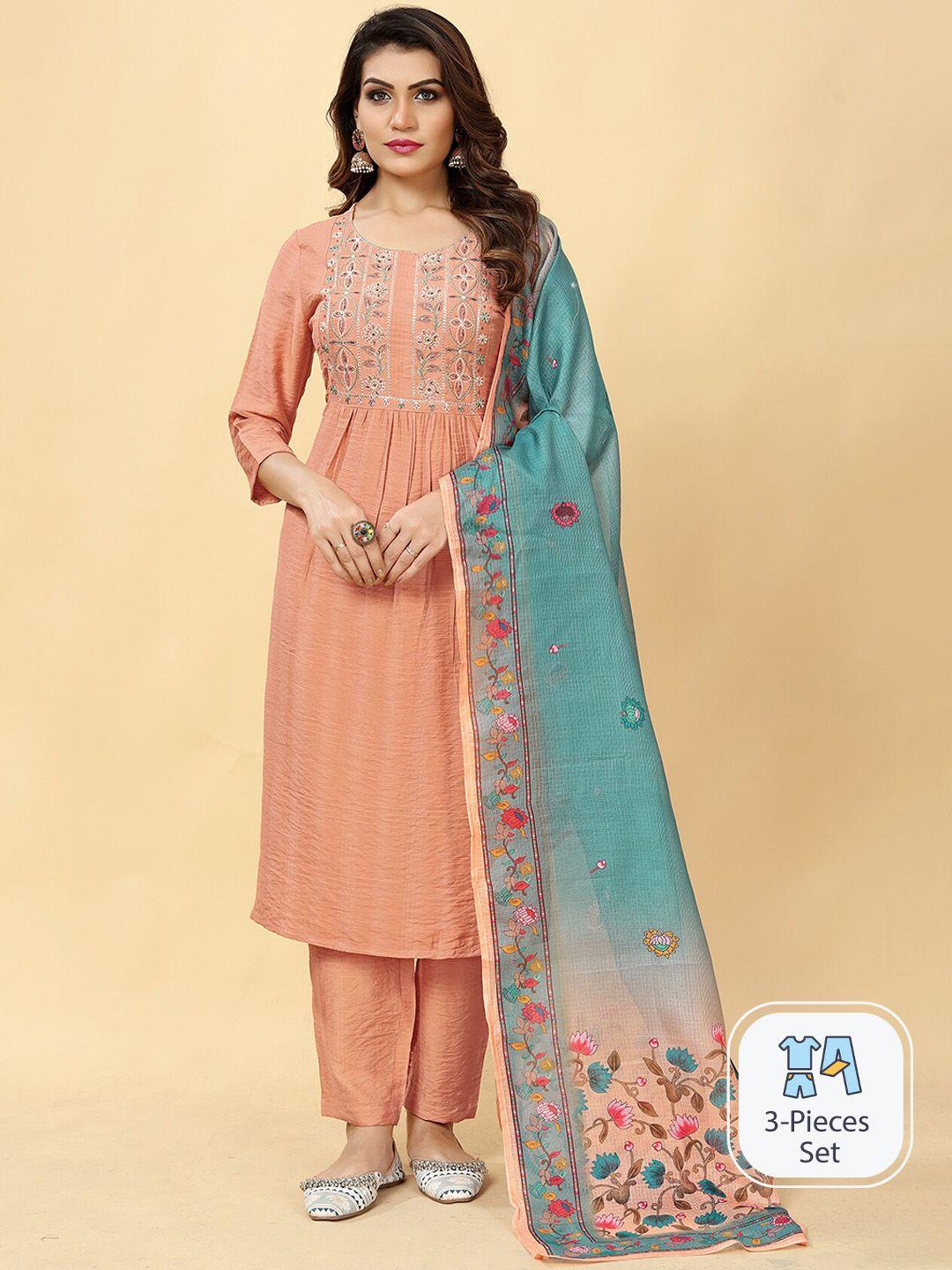 lookslady floral embroidered regular thread work kurta with trousers & dupatta