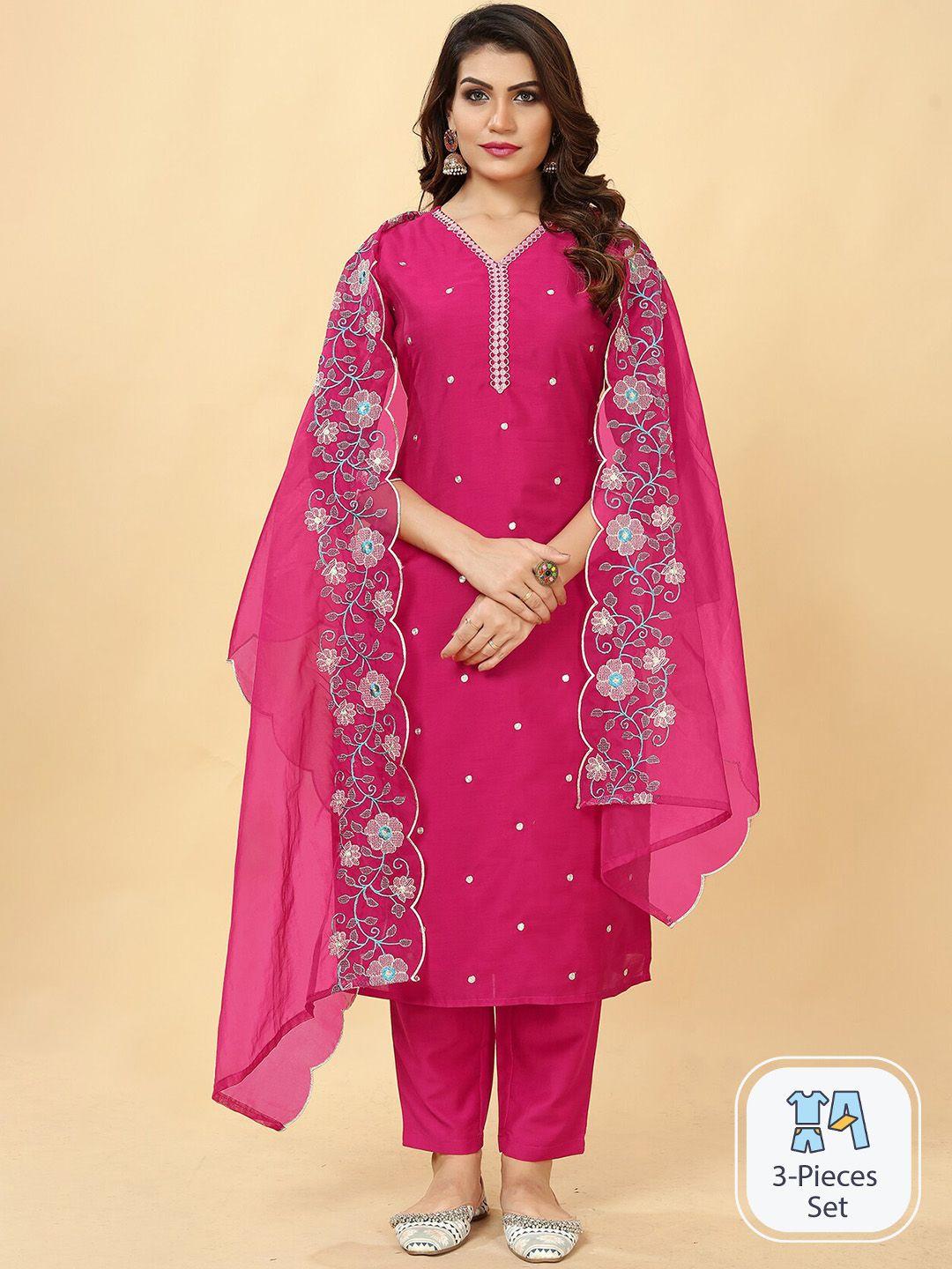 lookslady floral embroidered thread work a line kurta with trousers & dupatta
