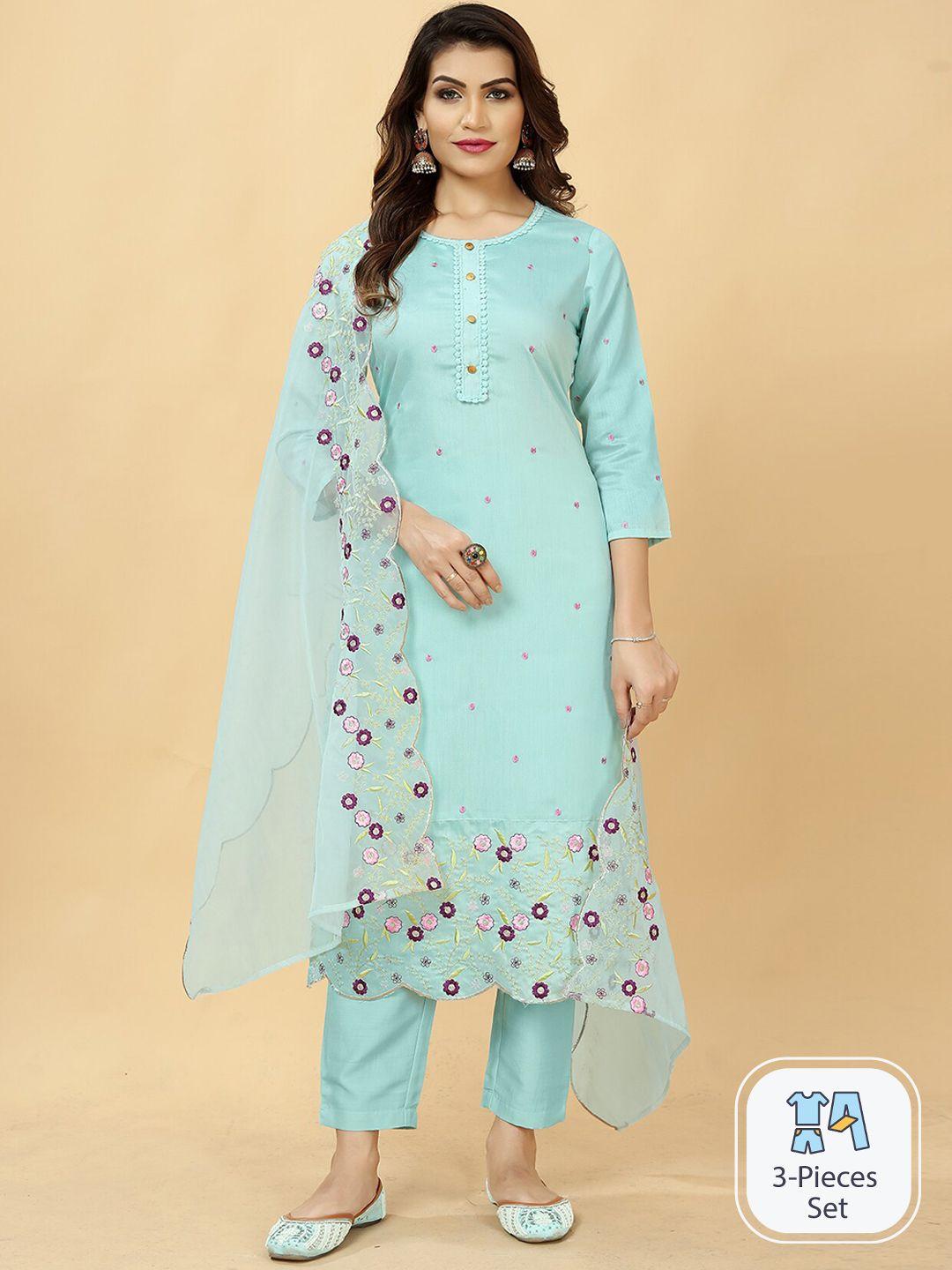 lookslady floral embroidered thread work a line kurta with trousers & dupatta