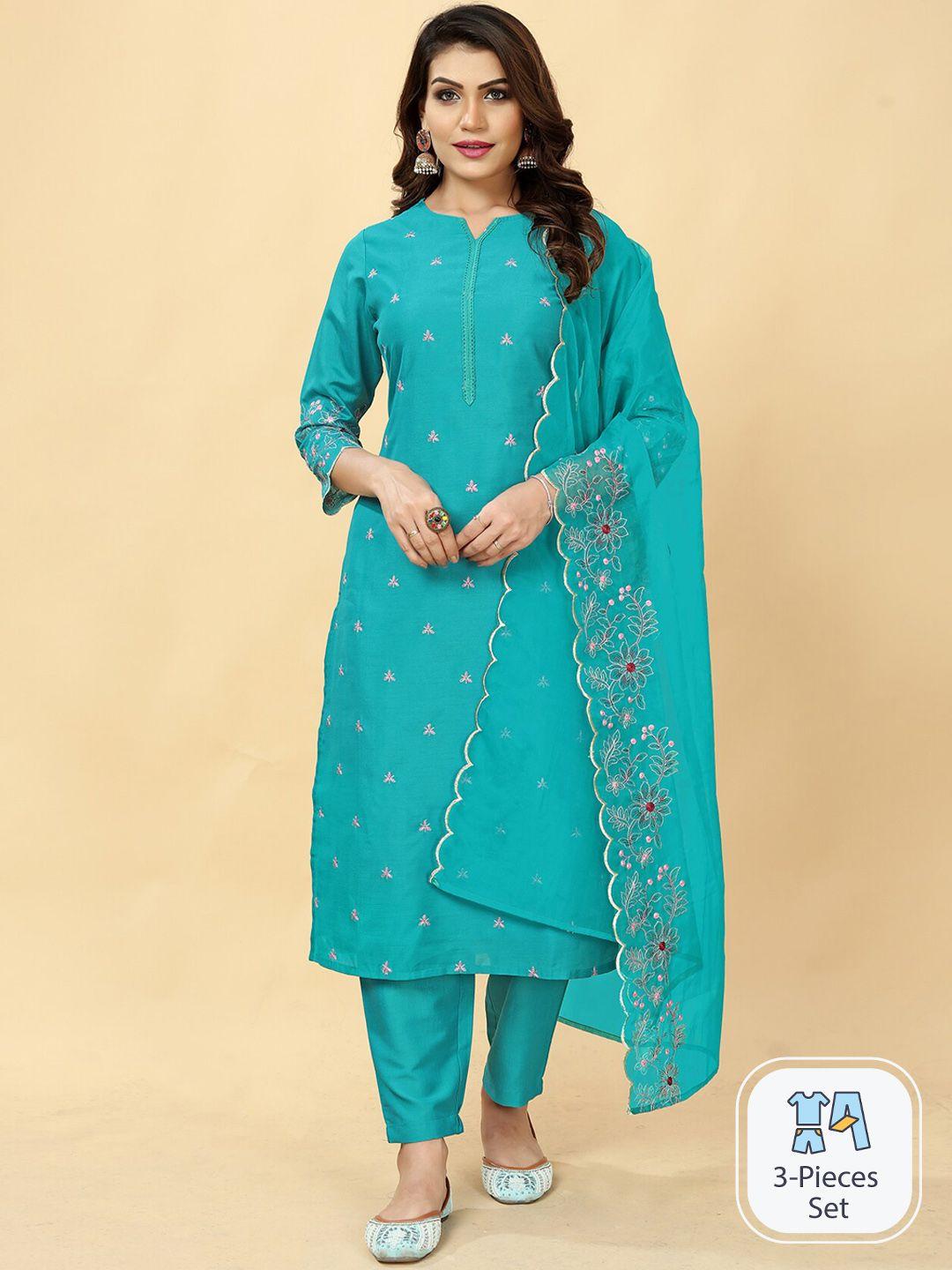 lookslady floral embroidered thread work straight kurta with trousers & dupatta