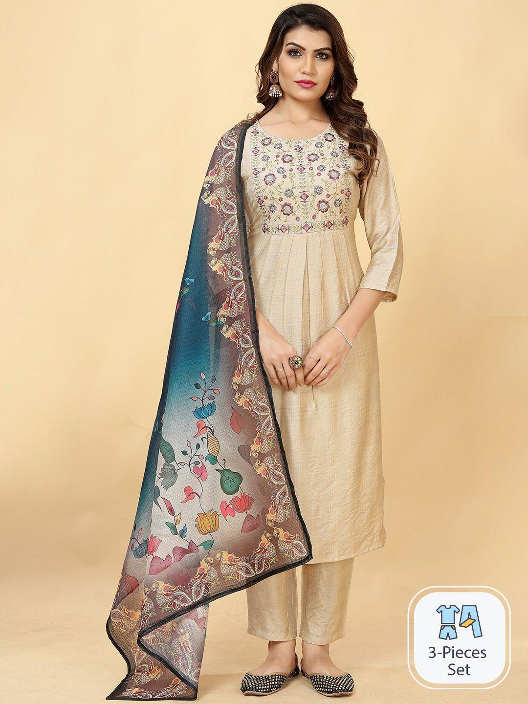 lookslady floral yoke design thread work a line kurta with trousers & dupatta