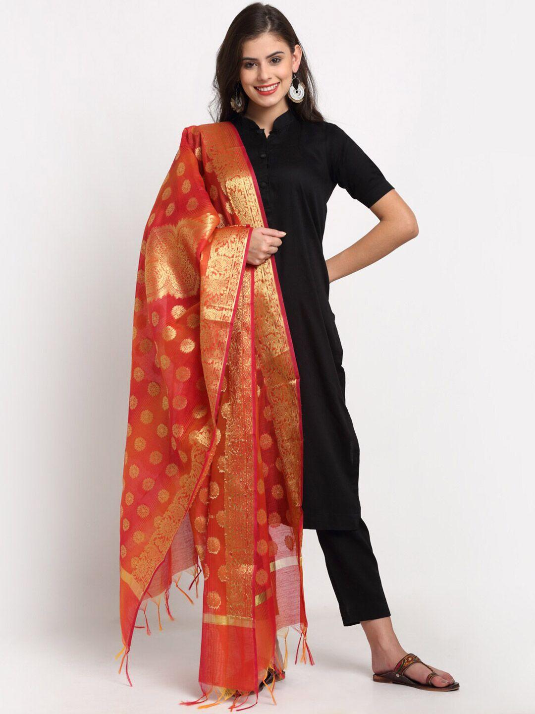 loom legacy red & gold-toned ethnic motifs banarasi jacquard dupatta