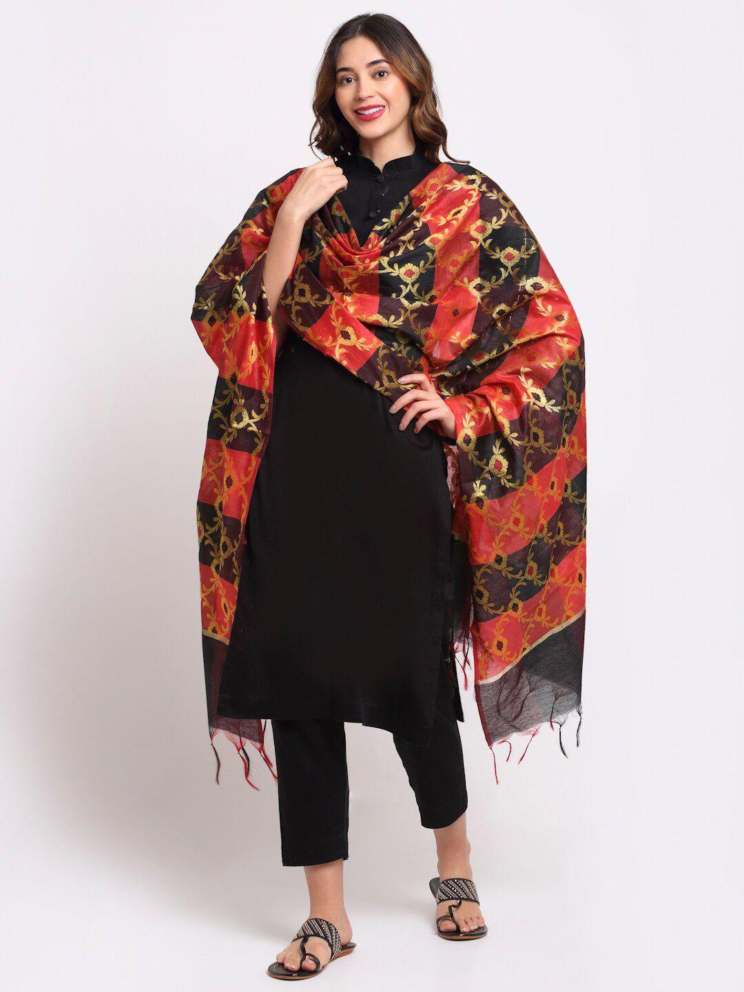 loom legacy black & red woven design cotton silk dupatta with zari