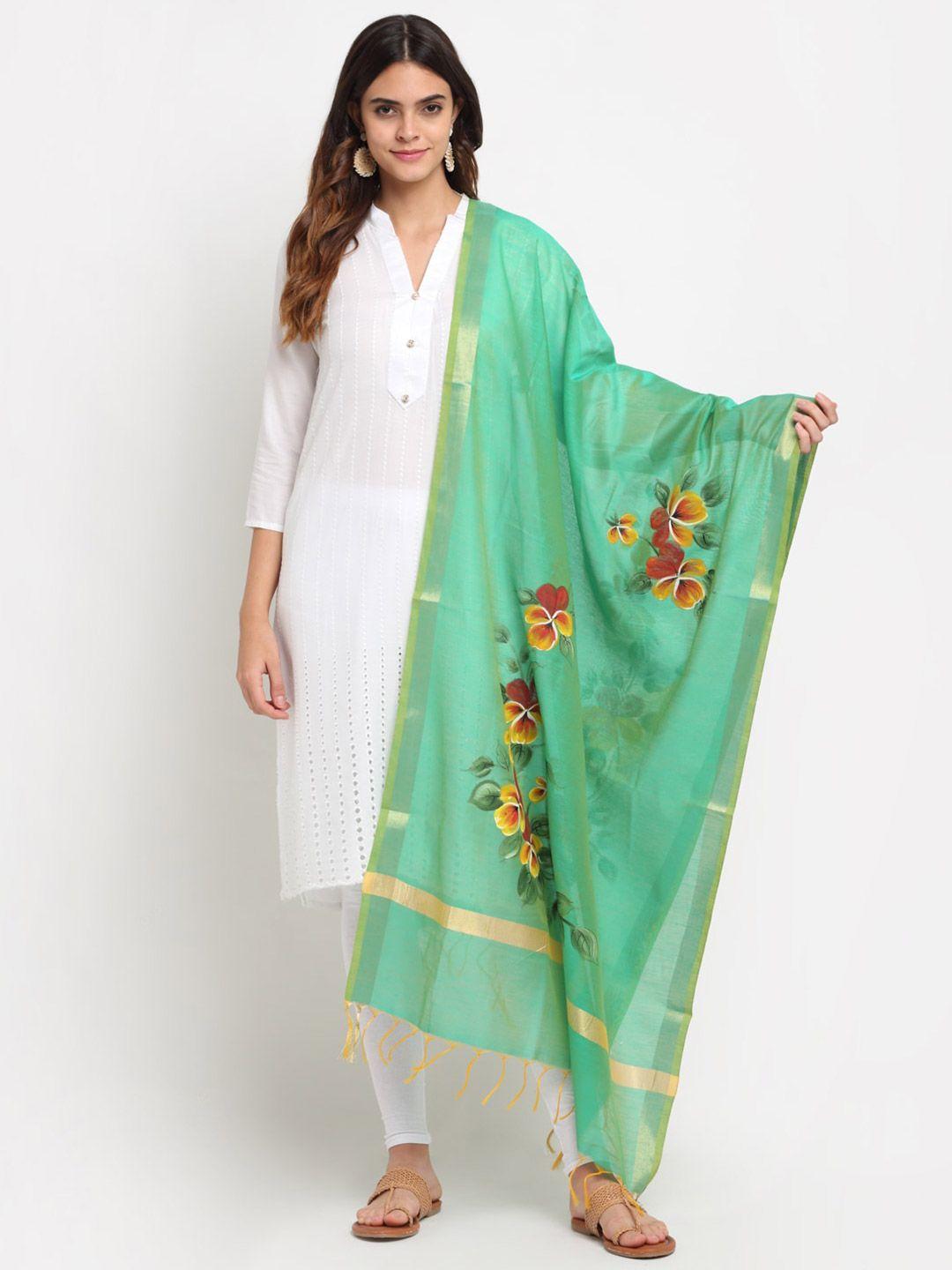 loom legacy green & red printed cotton silk dupatta with zari