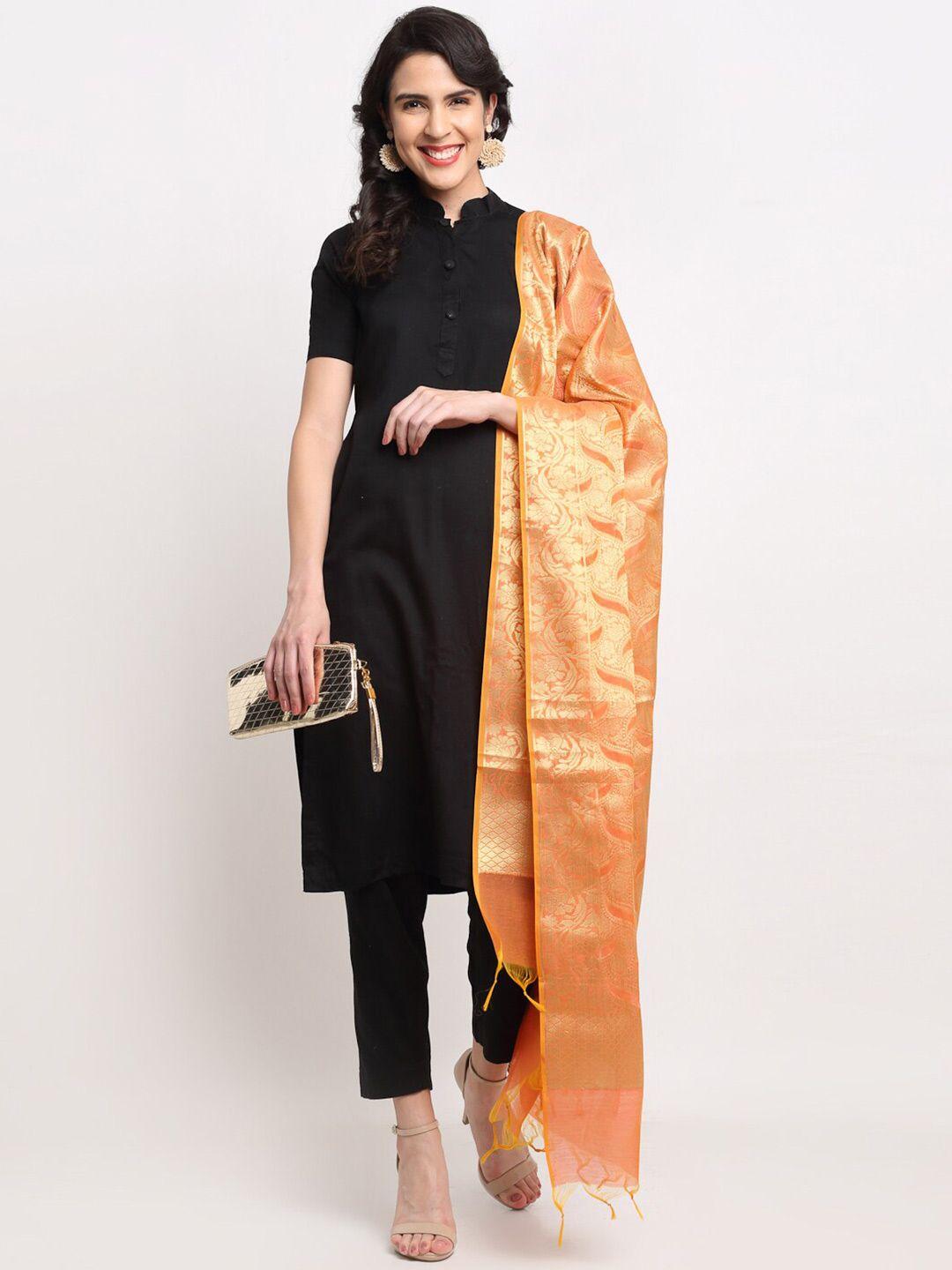 loom legacy orange & gold-toned ethnic motifs woven design cotton silk dupatta with zari