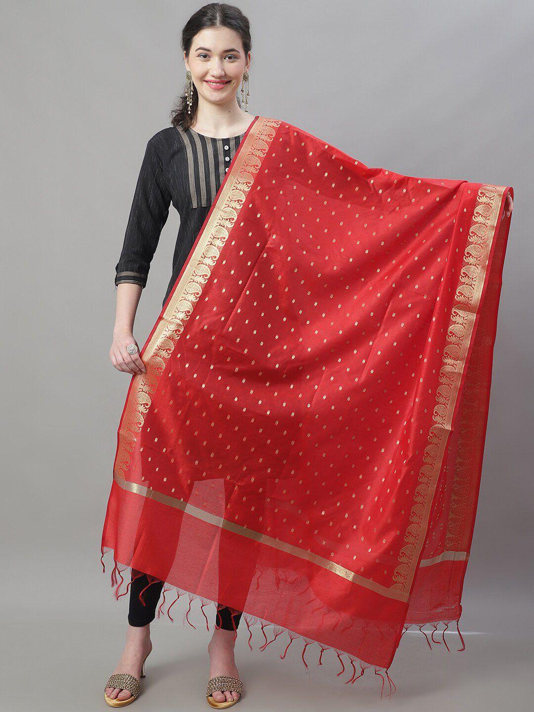 loom legacy red & gold-toned woven design art silk dupatta with zari
