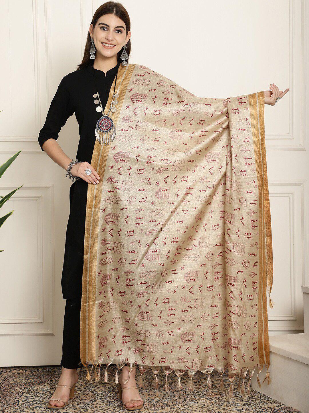 loom legacy warli printed tasselled silk dupatta