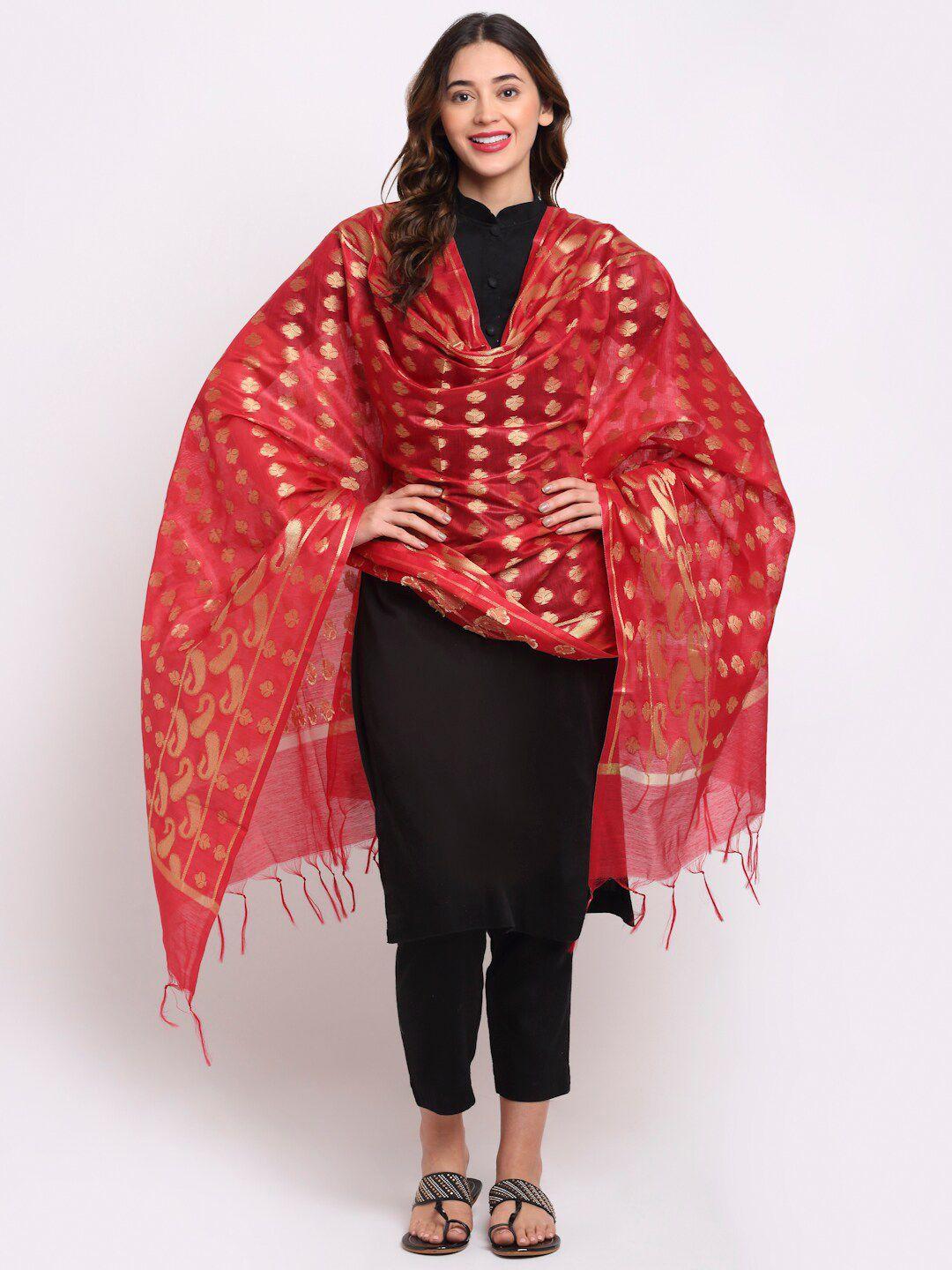 loom legacy women red woven design cotton silk jacquard dupatta